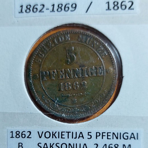 VOKIETIJA SAKSONIJA 5 PFENIGAI 1862 m. VOKIETIJA SAKSONIJA 5 PFENIGAI 1862 m.