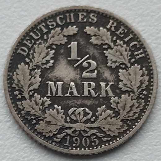 Vokietija. 1/2 markės 1905 A. Sidabras.