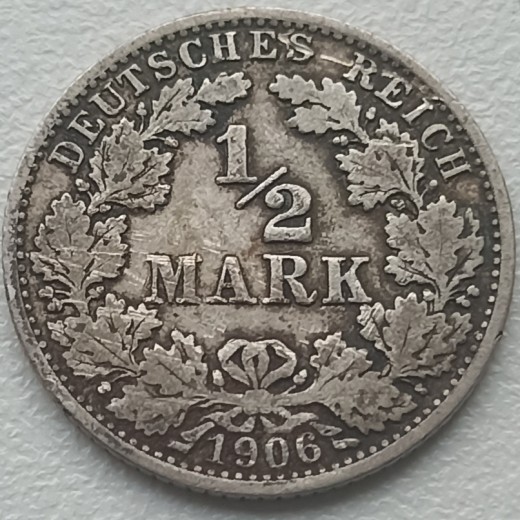 Vokietija. 1/2 markės 1906 A. Sidabras.