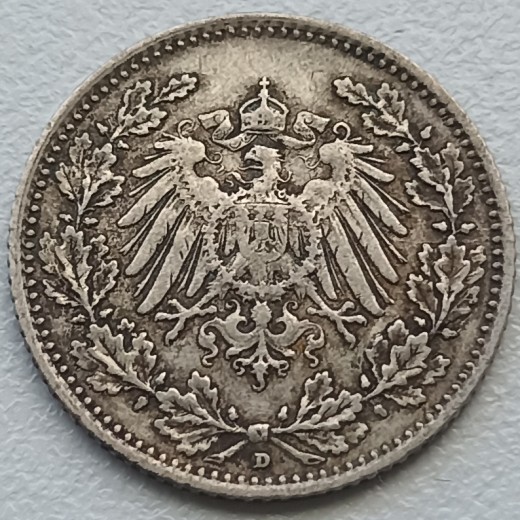 Vokietija. 1/2 markės 1913 D. Sidabras. Vokietija. 1/2 markės 1913 D. Sidabras.