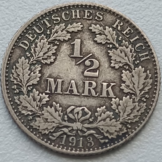 Vokietija. 1/2 markės 1913 D. Sidabras. Vokietija. 1/2 markės 1913 D. Sidabras.