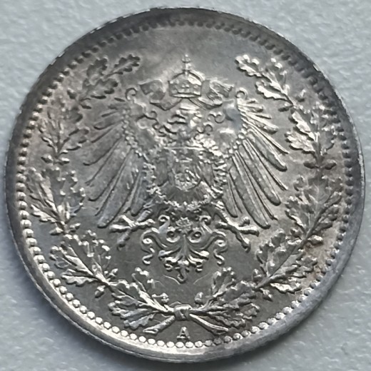 Vokietija. 1/2 markės 1917 A. Sidabras.