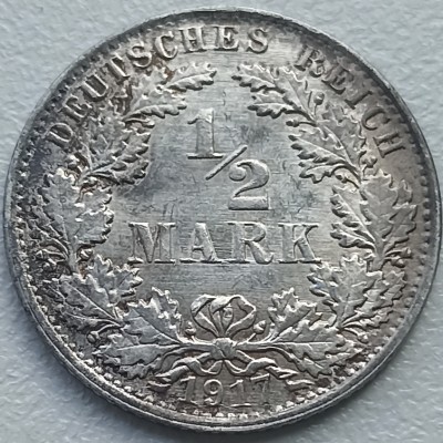 Vokietija. 1/2 markės 1917 A. Sidabras.