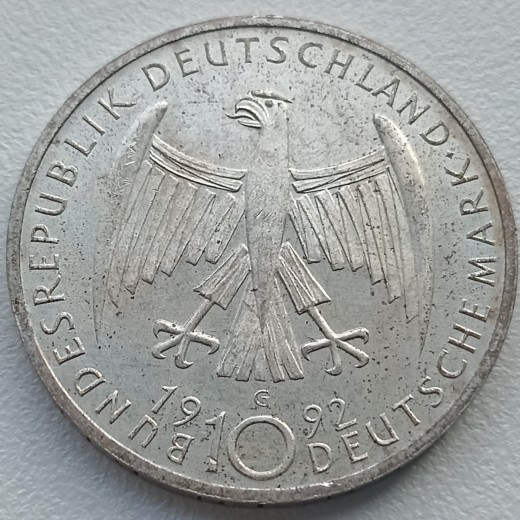 Vokietija. 10 markių 1992 m. Sidabras