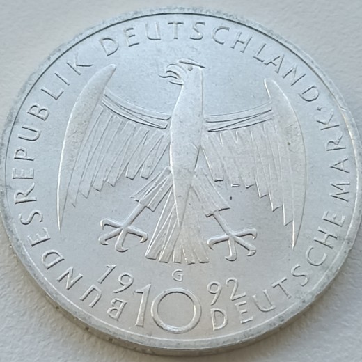 Vokietija. 10 markių 1992 m. Sidabras. Vokietija. 10 markių 1992 m. Sidabras.
