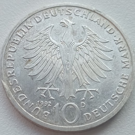 Vokietija. 10 markių 1992 m. Sidabras. Vokietija. 10 markių 1992 m. Sidabras.