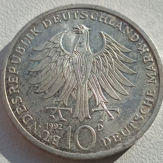 Vokietija. 10 markių 1992 m. Sidabras. Vokietija. 10 markių 1992 m. Sidabras.