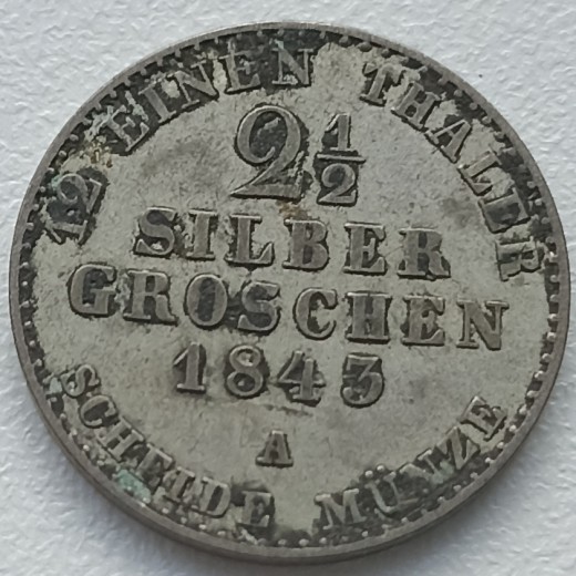 Vokietija. 2 1/2 silbergroschen 1843 m. Sidabras. Vokietija. 2 1/2 silbergroschen 1843 m. Sidabras.
