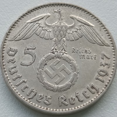 Vokietija. 5 markės 1937 J. Sidabras. Vokietija. 5 markės 1937 J. Sidabras.