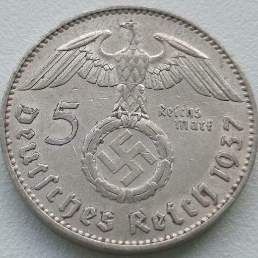 Vokietija. 5 markės 1937 J. Sidabras. Vokietija. 5 markės 1937 J. Sidabras.