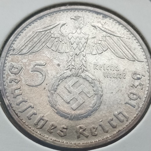 Vokietija. 5 markės 1939 B. Sidabras. Vokietija. 5 markės 1939 B. Sidabras.