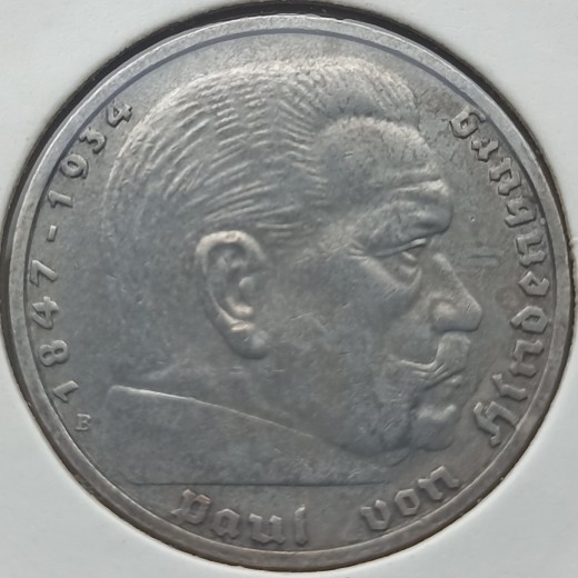 Vokietija. 5 markės 1939 B. Sidabras. Vokietija. 5 markės 1939 B. Sidabras.