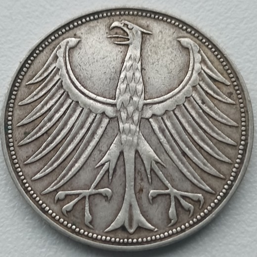 Vokietija. 5 markės 1951 D. Sidabras. Vokietija. 5 markės 1951 D. Sidabras.