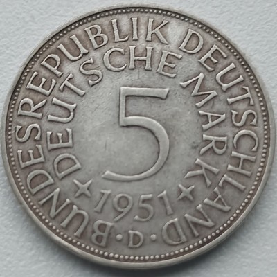 Vokietija. 5 markės 1951 D. Sidabras. Vokietija. 5 markės 1951 D. Sidabras.