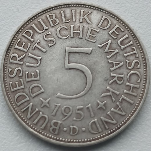 Vokietija. 5 markės 1951 D. Sidabras. Vokietija. 5 markės 1951 D. Sidabras.