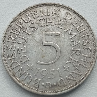 Vokietija. 5 markės 1951 D. Sidabras.