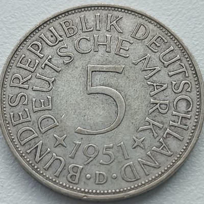 Vokietija. 5 markės 1951 D. Sidabras. Vokietija. 5 markės 1951 D. Sidabras.