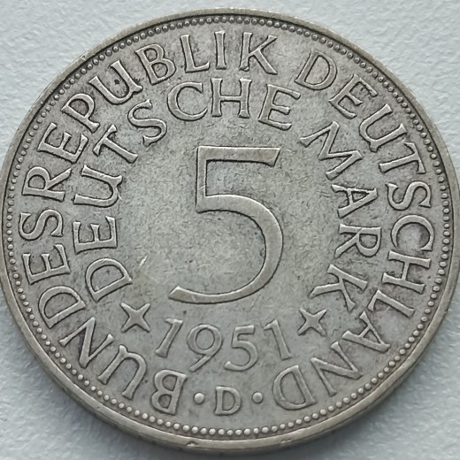 Vokietija. 5 markės 1951 D. Sidabras. Vokietija. 5 markės 1951 D. Sidabras.