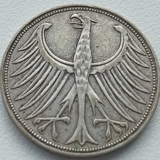 Vokietija. 5 markės 1951 D. Sidabras. Vokietija. 5 markės 1951 D. Sidabras.
