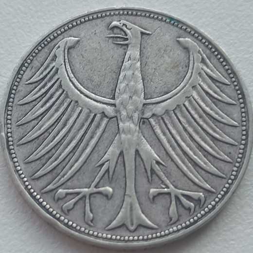 Vokietija. 5 markės 1951 F. Sidabras. Vokietija. 5 markės 1951 F. Sidabras.