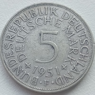 Vokietija. 5 markės 1951 F. Sidabras. Vokietija. 5 markės 1951 F. Sidabras.