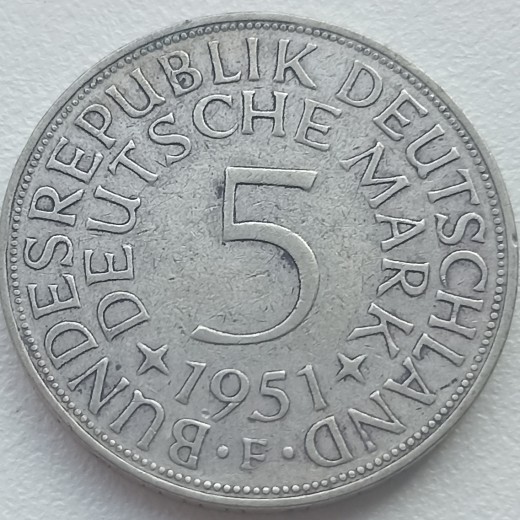 Vokietija. 5 markės 1951 F. Sidabras. Vokietija. 5 markės 1951 F. Sidabras.