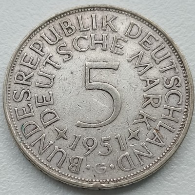 Vokietija. 5 markės 1951 G. Sidabras.