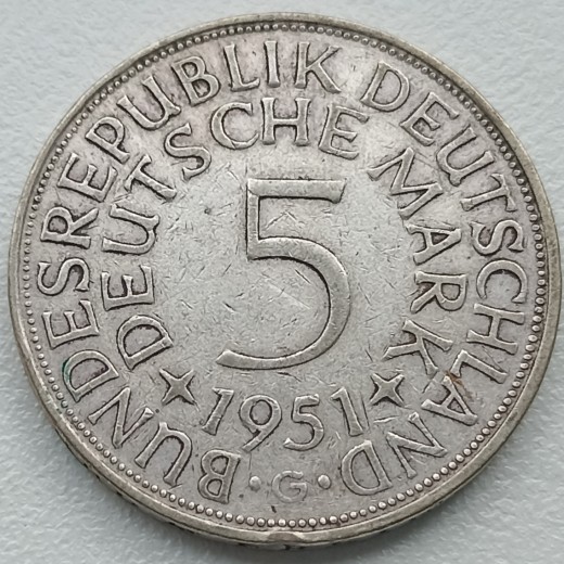 Vokietija. 5 markės 1951 G. Sidabras. Vokietija. 5 markės 1951 G. Sidabras.