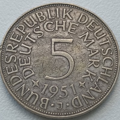 Vokietija. 5 markės 1951 J. Sidabras. Vokietija. 5 markės 1951 J. Sidabras.