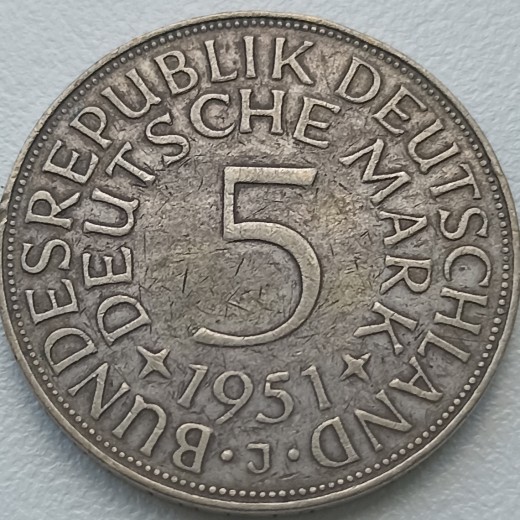 Vokietija. 5 markės 1951 J. Sidabras. Vokietija. 5 markės 1951 J. Sidabras.
