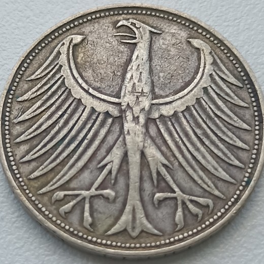 Vokietija. 5 markės 1951 J. Sidabras. Vokietija. 5 markės 1951 J. Sidabras.