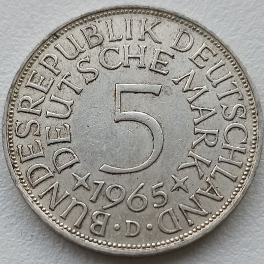 Vokietija. 5 markės 1965 D. Sidabras. Vokietija. 5 markės 1965 D. Sidabras.