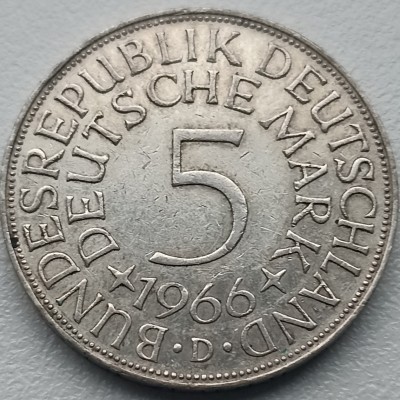 Vokietija. 5 markės 1966 D. Sidabras. Vokietija. 5 markės 1966 D. Sidabras.