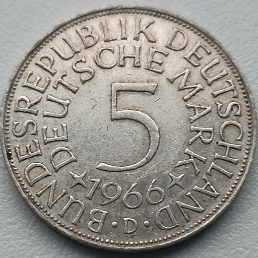 Vokietija. 5 markės 1966 D. Sidabras. Vokietija. 5 markės 1966 D. Sidabras.