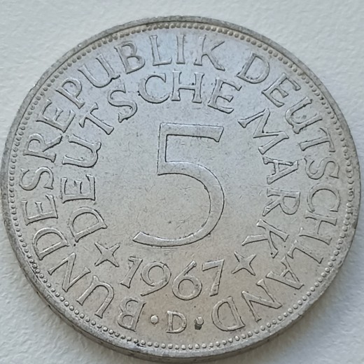 Vokietija. 5 markės 1967 D. Sidabras. Vokietija. 5 markės 1967 D. Sidabras.