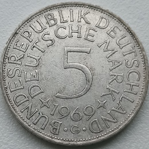 Vokietija. 5 markės 1969 G. Sidabras.