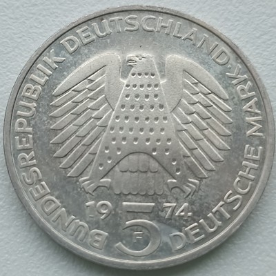 Vokietija. 5 markės 1974 m. Sidabras.