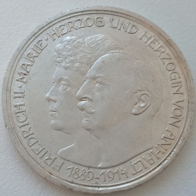 Vokietija. Anthalt. 3 markės 1914 m. Sidabras.