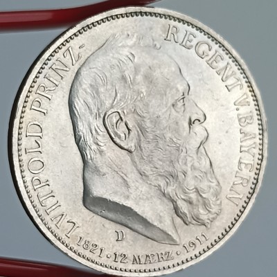 Vokietija. Bavarija. 3 markės 1911 m. Sidabras.