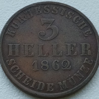 Vokietija. Hesse - Kassel. 3 hellers 1862 m.