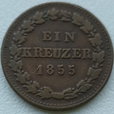 Vokietija. Nassau. 1 kreuzer 1855 m.