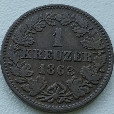 Vokietija. Nassau. 1 kreuzer 1863 m.