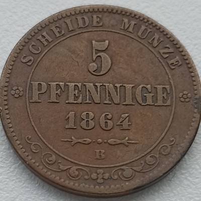 Vokietija. Saksonija. 5 pfenigai 1864 m.